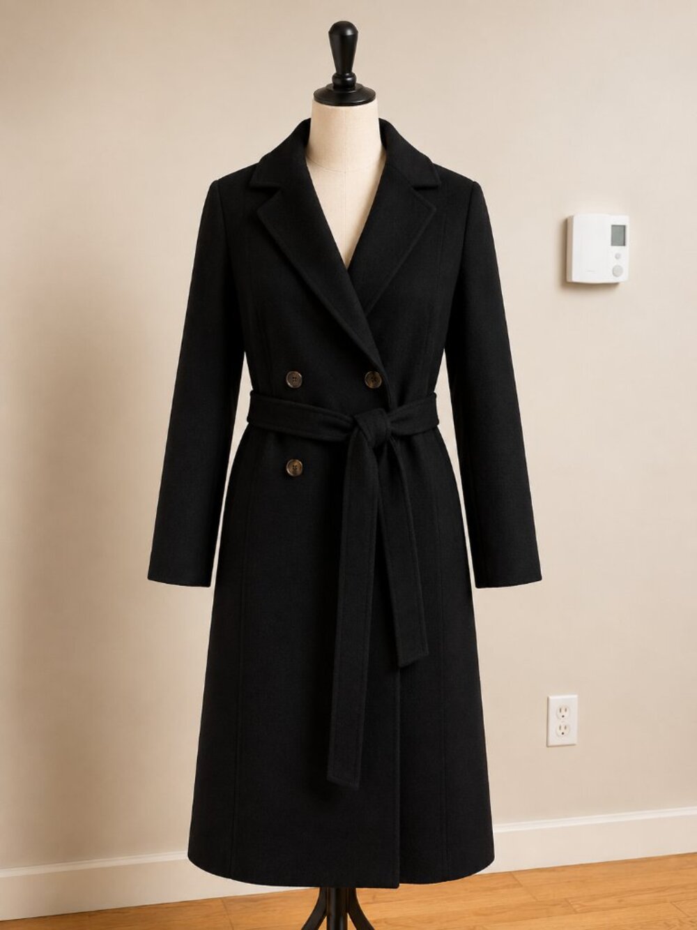 Anivee f. Belted Wool Blend Long Coat – Minimalist Black Wrap Coat